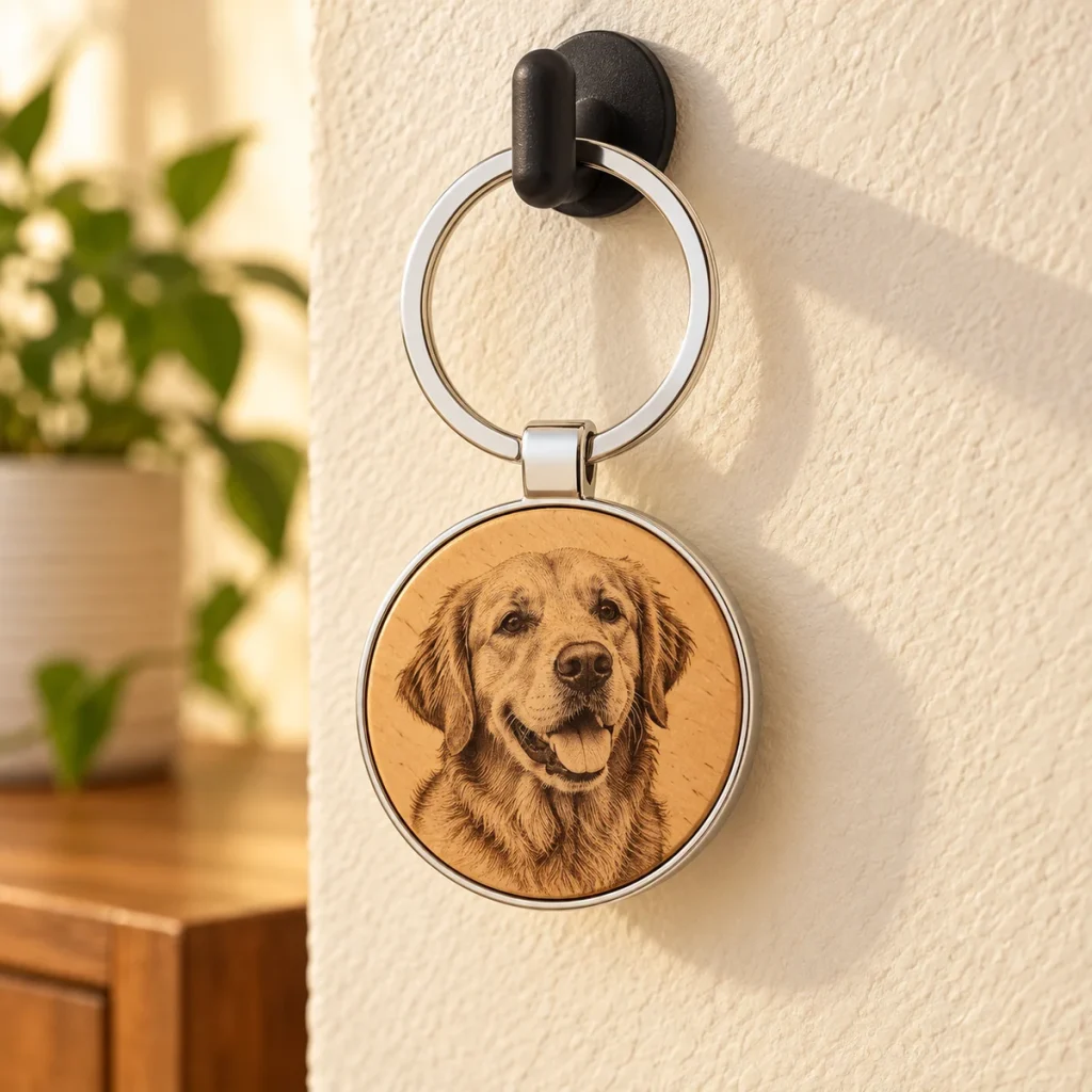 Round wood and metal keychain — styled product example