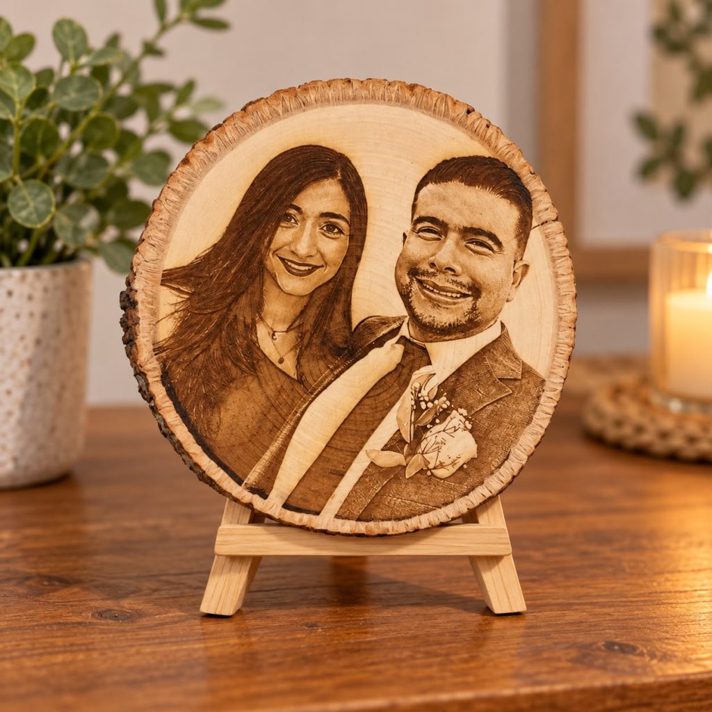 Client-provided Birch Edge wooden souvenir with bark edge, couple portrait and wooden easel
